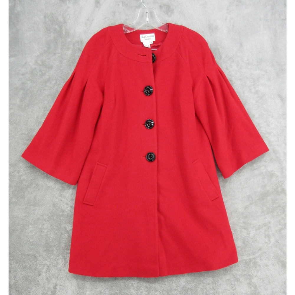 Charles Gray Coat Women Size Wool Cashmere Swing Bell Sleeve Quiet Luxury Red